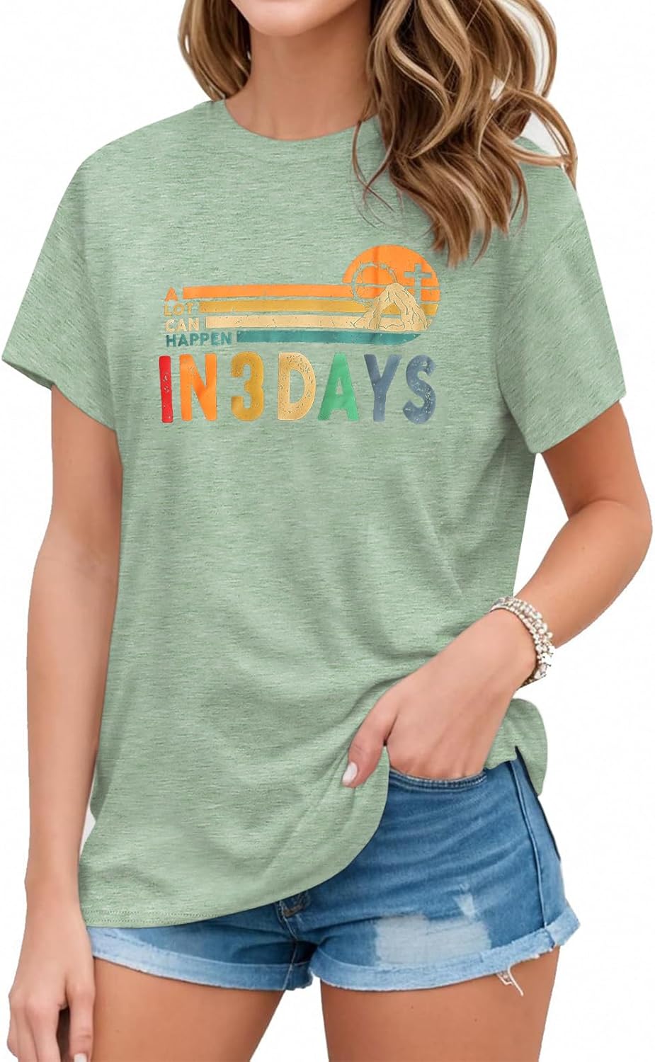 Women Easter Tshirt A Lot Can Happen in 3 Days Graphic Tee Vintage Cross Jesus Christian Religious Faith Shirt Tops