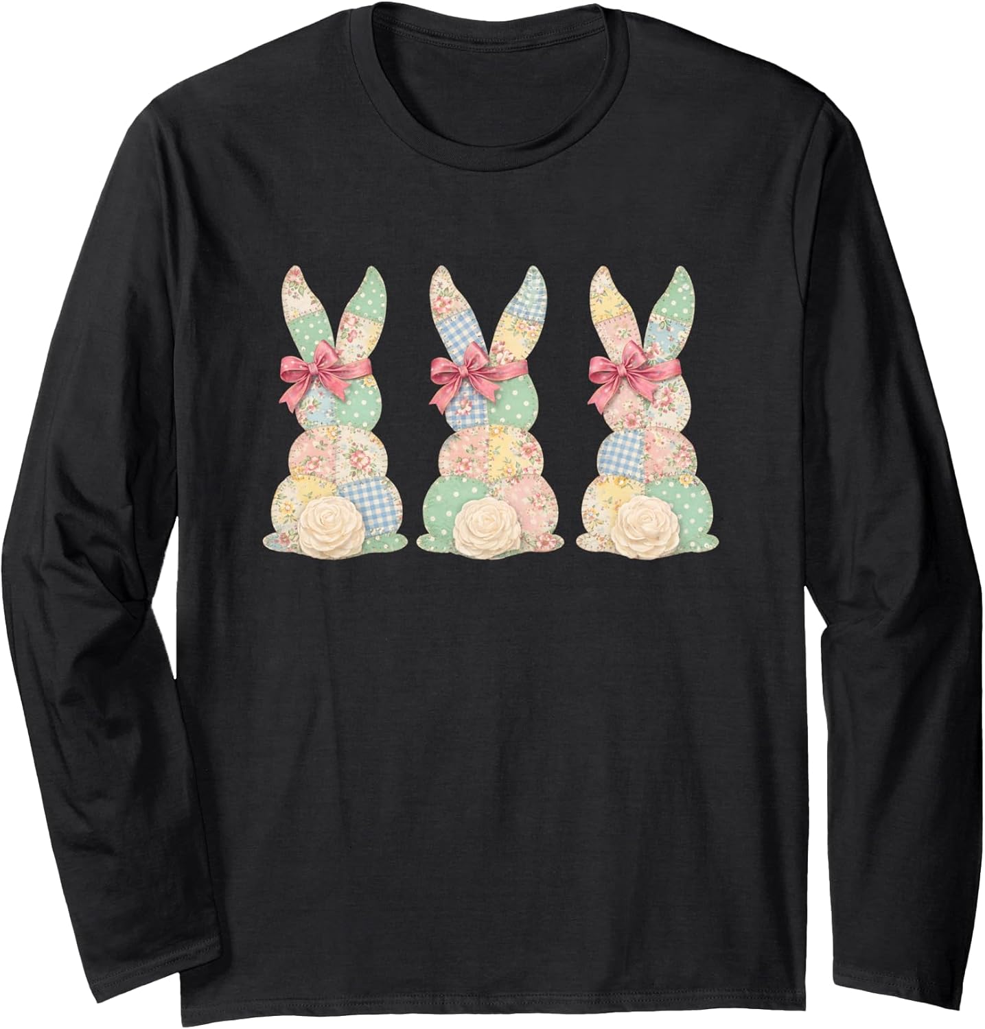 Floral Easter Bunny Trio Pastel Bows Spring Patchwork Long Sleeve T-Shirt