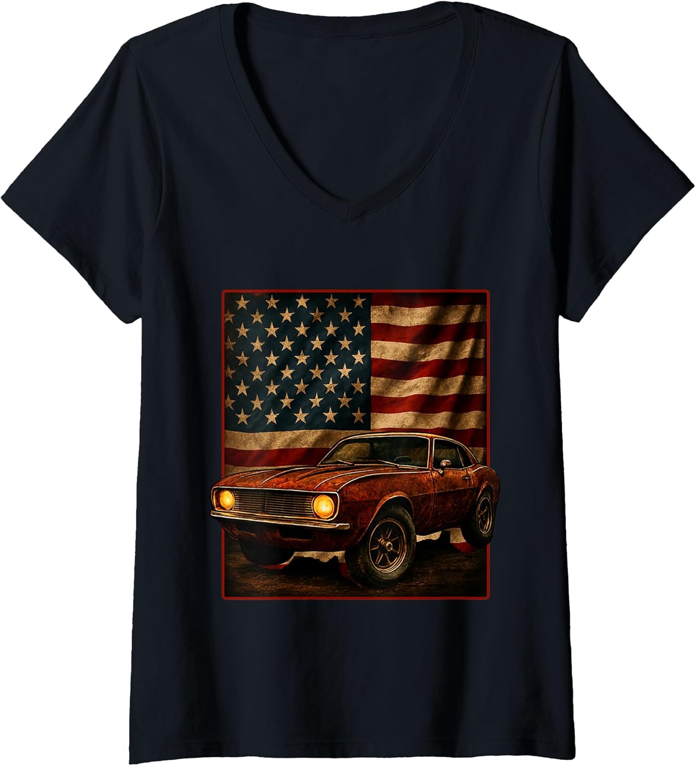 Vintage Muscle Car USA Flag Patriotism Retro Tee