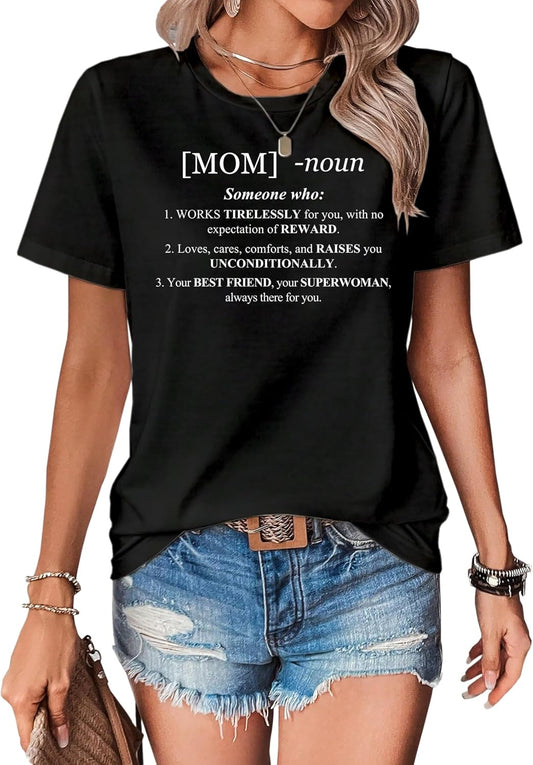 Mom Shirt for Women Mother Definition Print Tshirt Short Sleeve Mothers Day T-Shirt Graphic Tee Tops Black