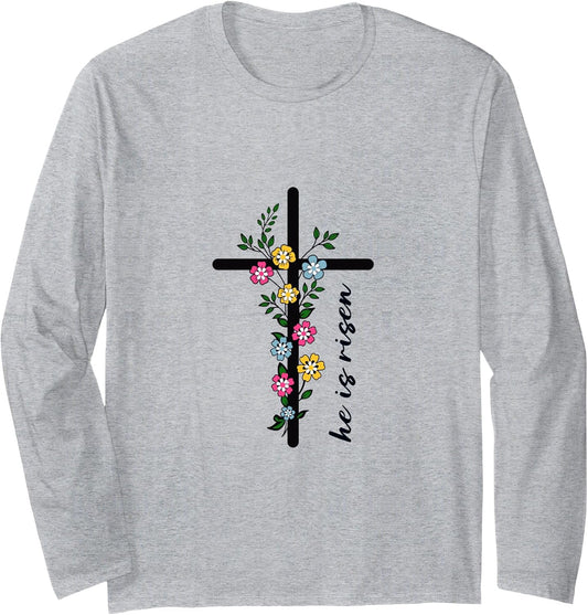 He Is Risen Floral Cross Faith-Based Women Easter Christian Long Sleeve T-Shirt