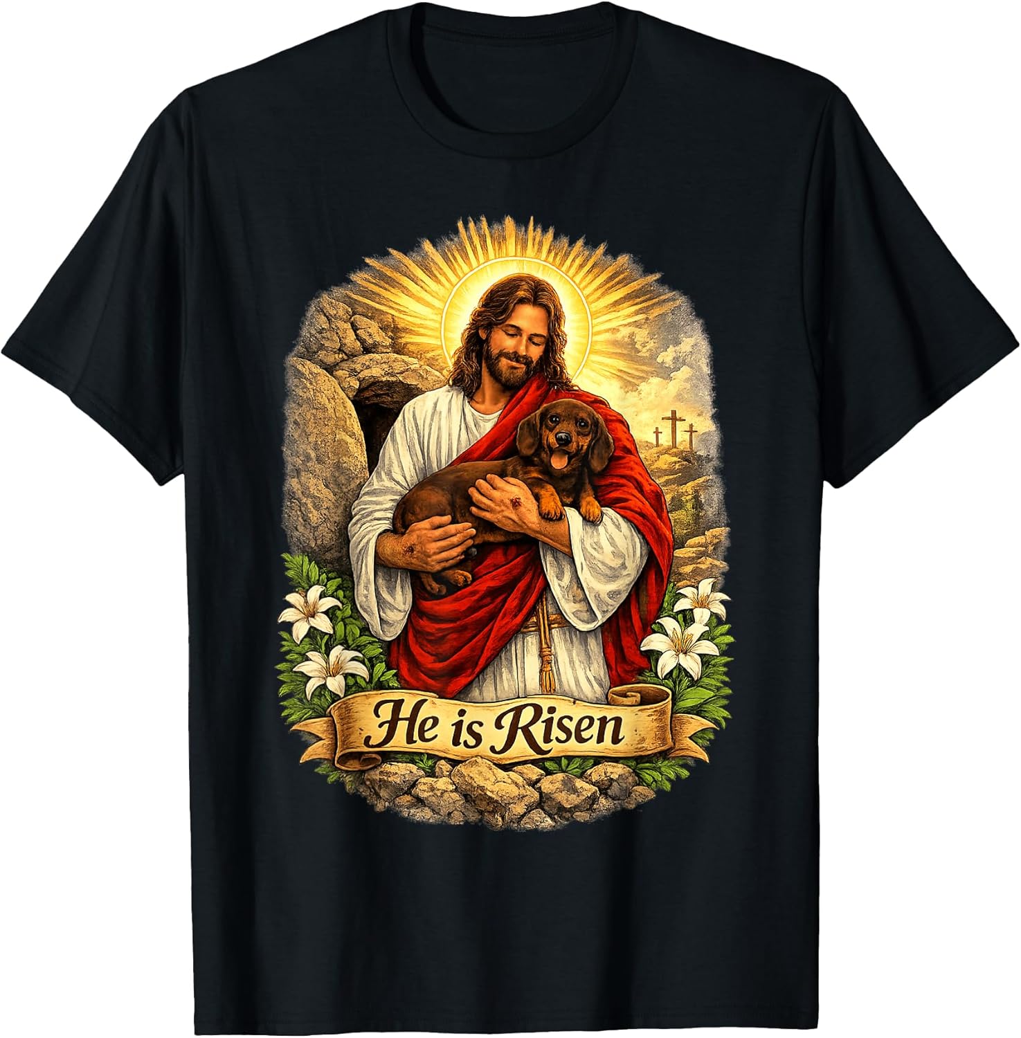 Dachshund Dog He is Risen Easter Resurrection Defeated Cross T-Shirt