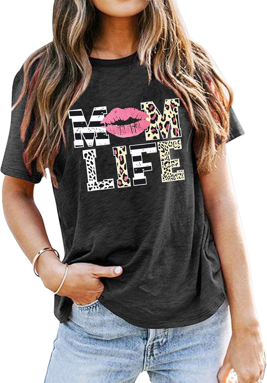 Women Mom Life T-Shirts Leopard Lips Stripe Graphic Shirts Funny Letter Printed Tee Mother's Day Casual Blouse