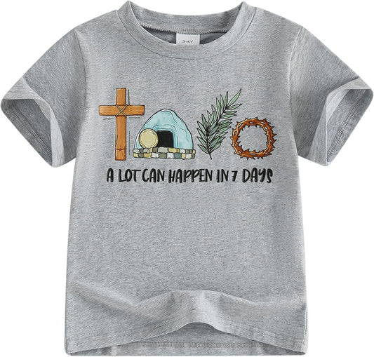 Kids Toddler Little Boys Easter Shirt A Lot Can Happen in 7 Days Christian Cross Print Religious T-Shirt