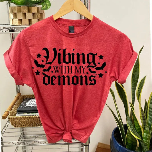 # 836 -  Halloween Vibing with My Demons - Print Unisex Crew neck Tee T-shirt Comfort Fabric Hoodie, Sweatshirt