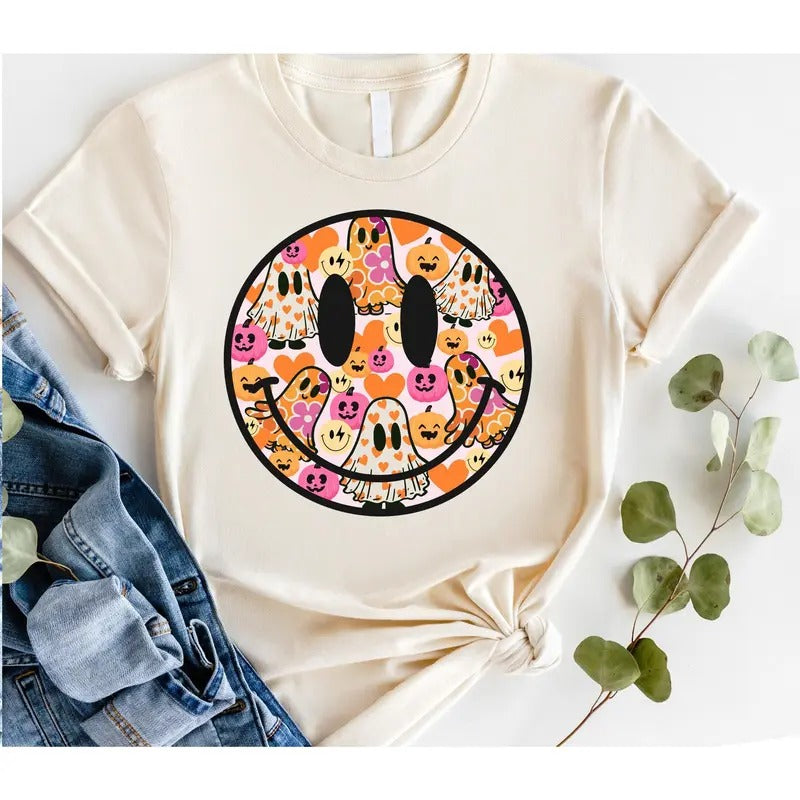 #847 - Pumpkin Smiley Ghost Halloween Fall - Print Unisex Crew neck Tee T-shirt Comfort Fabric Hoodie, Sweatshirt