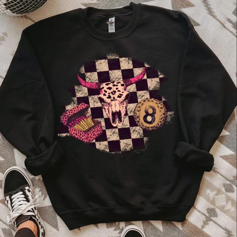 8Ball Bullskull Crew sweatshirt, graphic tees women, western outfits women, western tops clothing, rodeo cowgirl outfits...