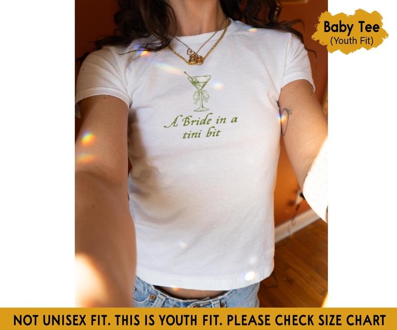 A Bride in a Tiny Bit Baby Tee, Funny Bride Baby Tee, Y2K Bride Tee, Dirty Martini Theme Bachelorette Party, Martini Bach...