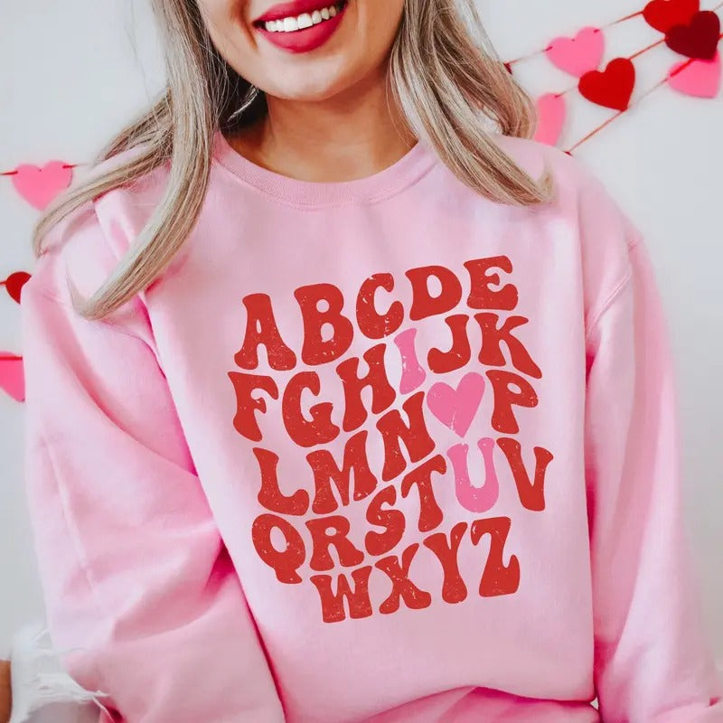 ABCs I Love You Valentines Sweatshirt for Women, Cute Valentine's Day Crewneck Shirt - Cotton, Fabric Hoodie | WearSparks.com