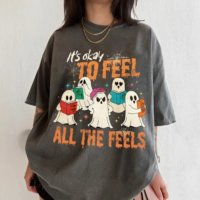 ACOTAR Halloween Ghost Comfort Colors Shirt, Bookish Ghost , Its Okay To Feel All The Feels Womenswear Round Neck Tshirt...
