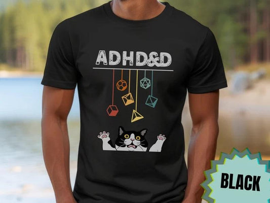 ADHD&D Funny Cat Shirt, ADHDnD Gift for Cat Lover Shirt, DM Gift, Funny DnD Gift TTRPG Tshirt, Playful Cat Playing Dice...