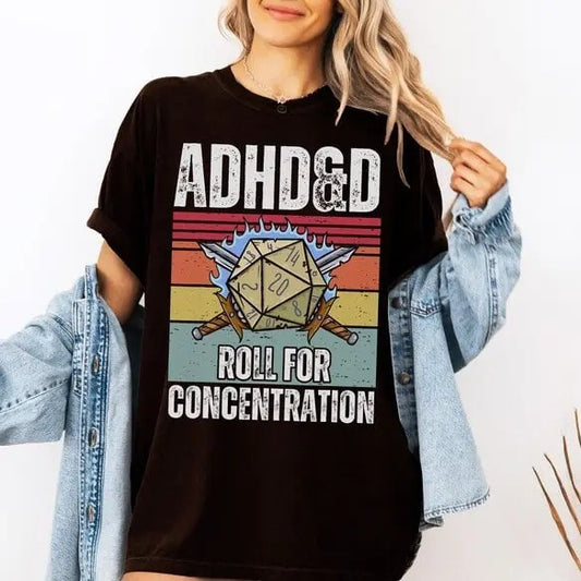ADHD&D Roll for Concentration Retro T-Shirt Sweatshirt Hoodie, Dungeons and Dragons, Dnd T-shirt, DnD Vintage Tee, ADHD...