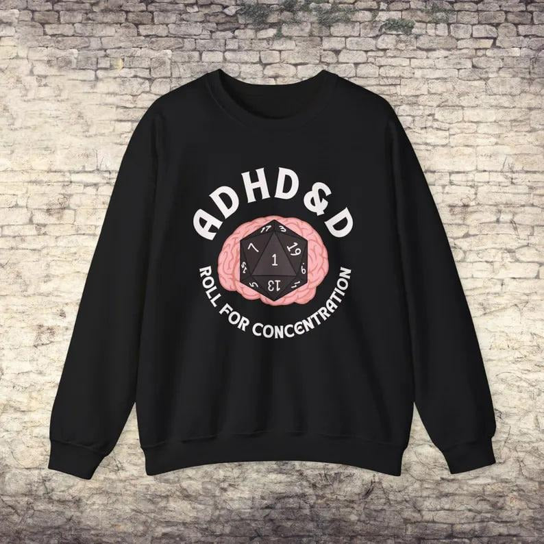 ADHD&D Sweater, Dungeons and Dragons D20 Crewneck, Gamer Gift, Unisex Sweater, ADHD Sweater, Roll for Concentration...