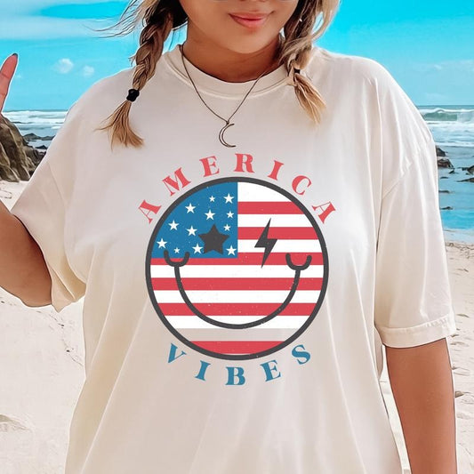 AMERICA VIBES SMILEY FACE 2 SHIRT, 4TH OF JULY SHIRT, JULY 4TH SHIRT UNISEX COTTON SHIRT, OVERSIZED HOLIDAY SUMMER SHIRT...
