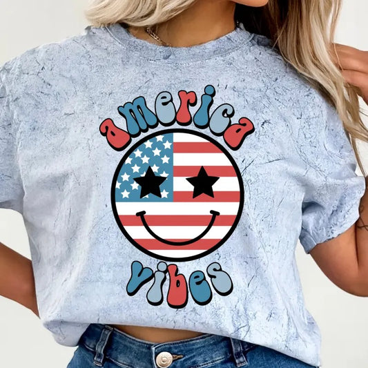 AMERICA VIBES SMILEY FACE SHIRT, 4TH OF JULY SHIRT, JULY 4TH SHIRT UNISEX COTTON SHIRT, OVERSIZED HOLIDAY SUMMER SHIRT...