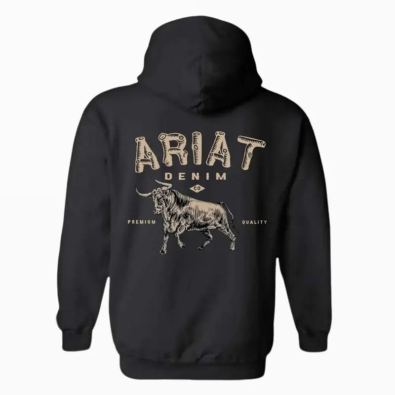 ARIAT Denim Hoodie Sweatshirt T-shirt with bull Back Side Printed 