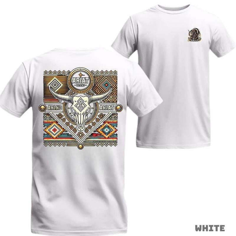 ARIAT T-Shirt - Tribal Bull Skull Design with Western Patterns, Bold Western Aesthetic, Perfect for Free-Spirited Style....