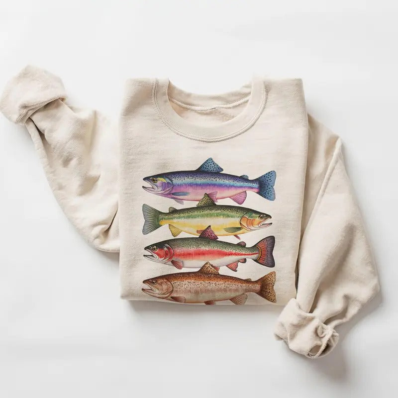 Abstract Colorful Trout In A Row Sweatshirt - River Fish Trout Species Outfit - Fly Fishing Gift - Boho Unisex Crewneck...