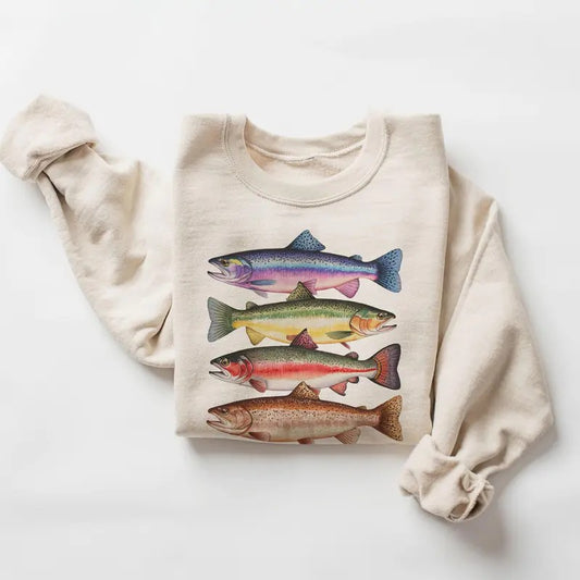 Abstract Colorful Trout In A Row Sweatshirt - River Fish Trout Species Outfit - Fly Fishing Gift - Boho Unisex Crewneck...