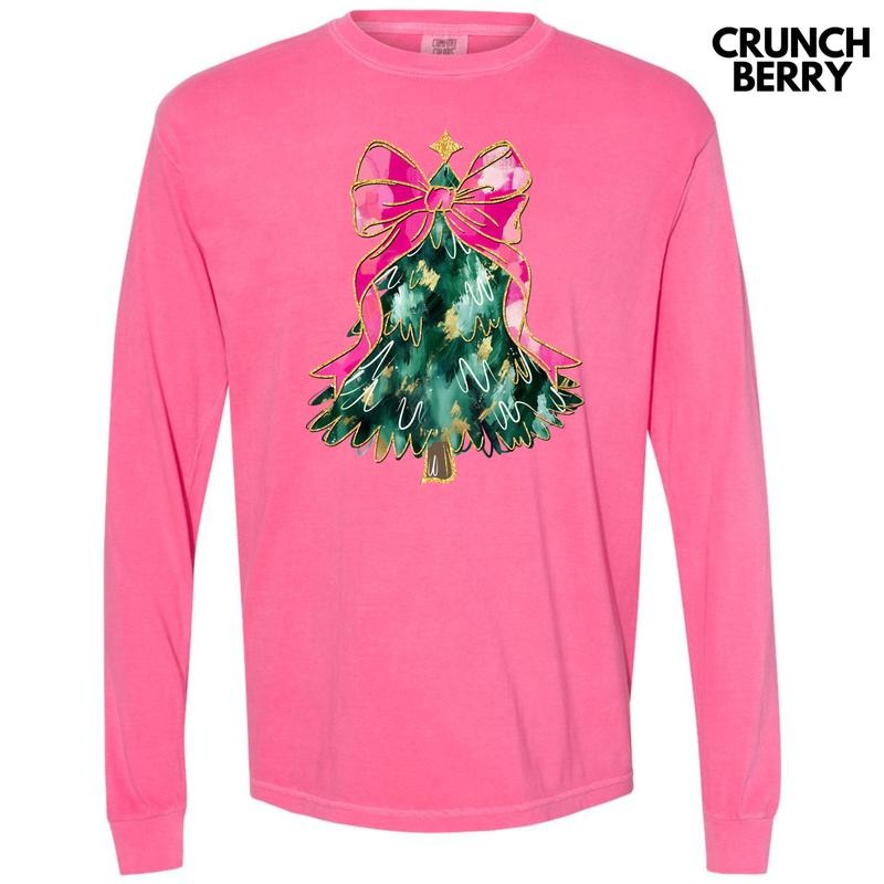 Abstract Pink Bow Christmas Tree Long Sleeve Comfort Colors T-Shirt 'NLB' Hoodie, Sweatshirt | WearSparks.com