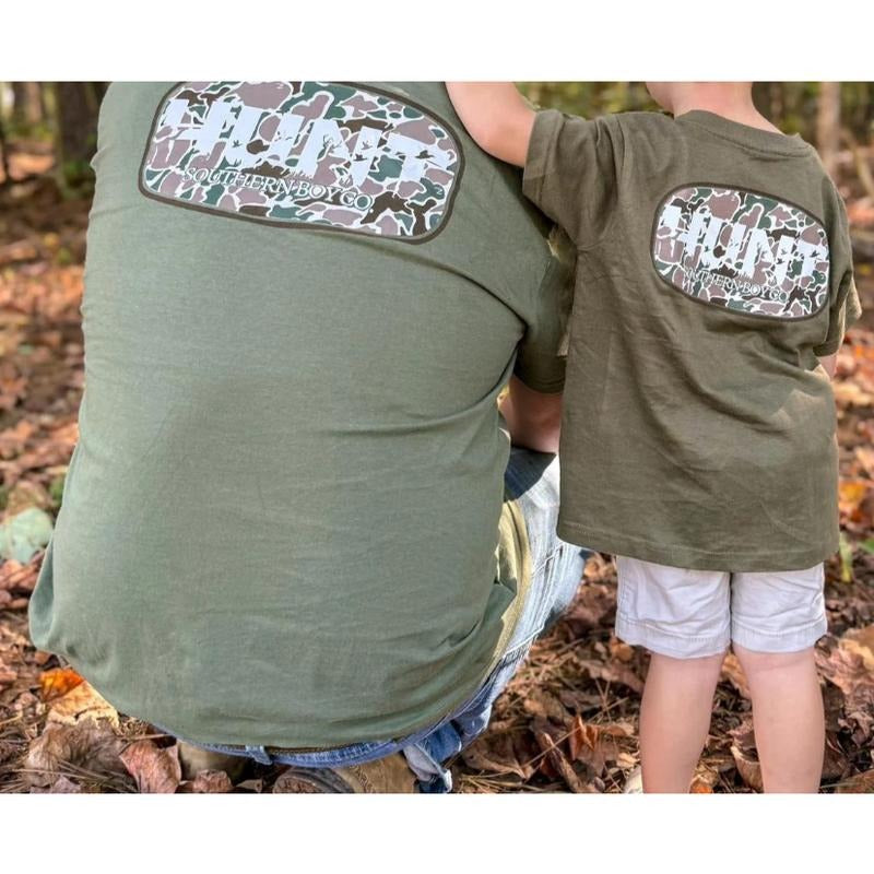 Adult and Youth Hunting Tee, Camo Patch Shirt for Hunters, Great Gift for Father and Son Hoodie, Sweatshirt | WearSparks.com