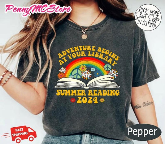 Adventure Begins At Your Library Shirt, Bookish Shirt, 2024 Summer Reading Shirt, Literature Shirt, Retro Librarian Shirt...