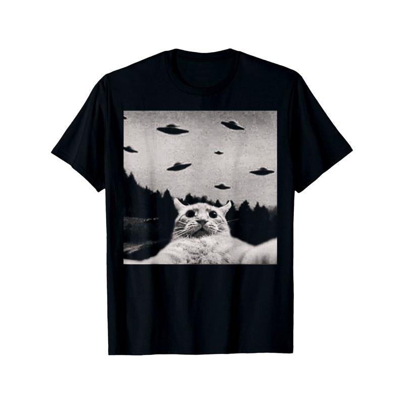 Alien Cat UFO T-Shirt Round Neck Halloween Tee for Men made in usa Hoodie, Sweatshirt | WearSparks.com
