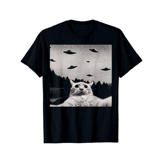 Alien Cat UFO T-Shirt Round Neck Halloween Tee for Men made in usa Hoodie, Sweatshirt | WearSparks.com