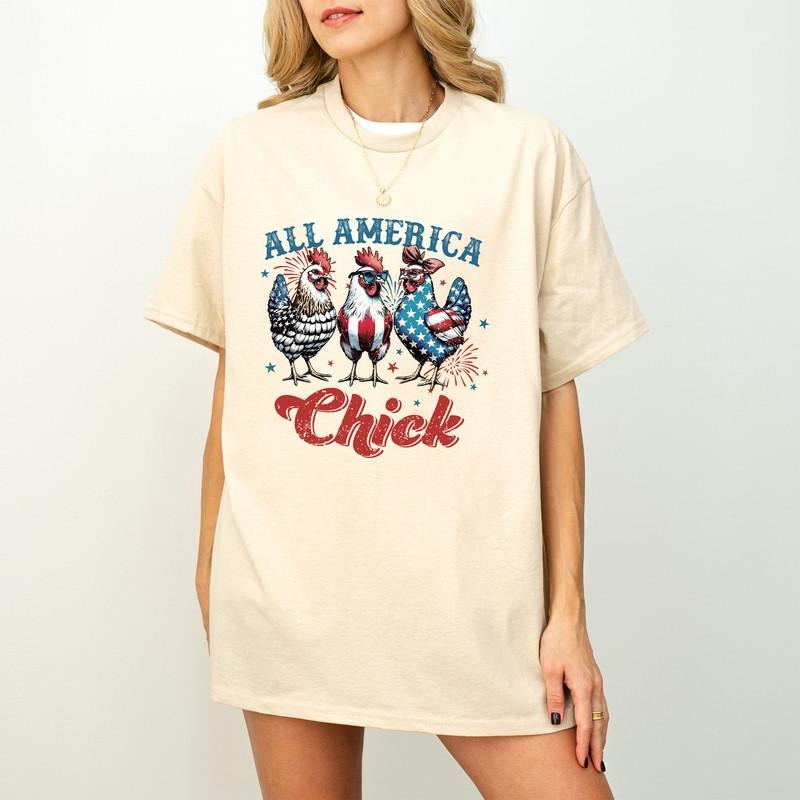 All America Chick T-Shirt, American 4th Of July T-Shirt, Patriotic America Chicken T-Shirt, USA Chick T-Shirt, Retro...