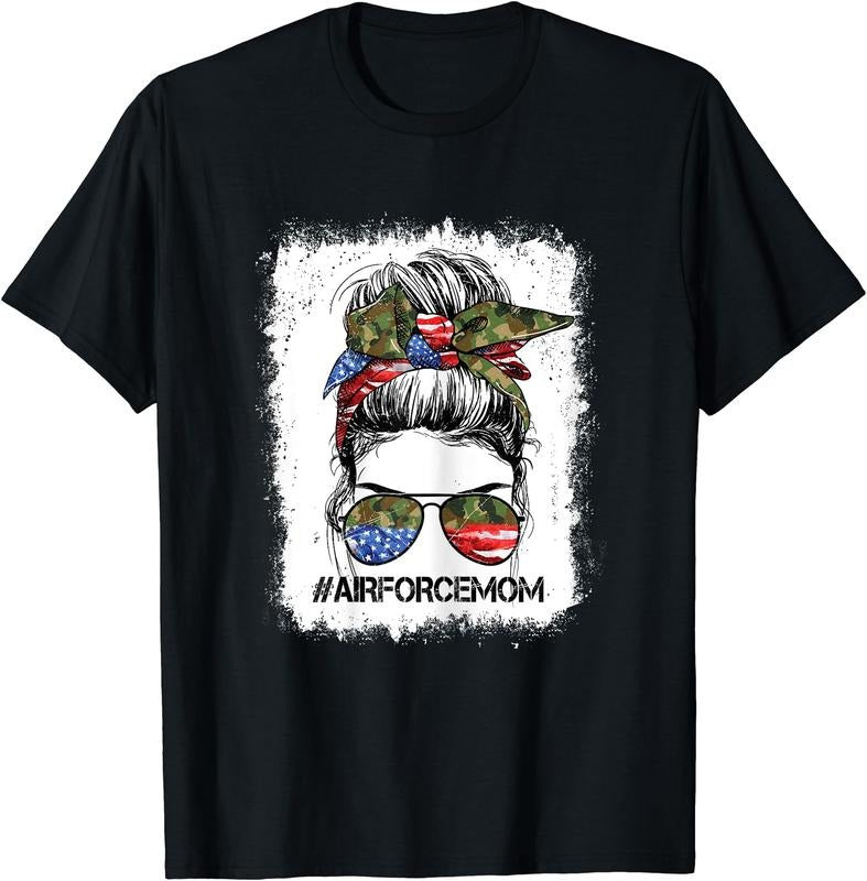 All American Airforce Mom Messy Bun US Flag 4th Of July T-Shirt | Unisex Cotton Tee Gift, Crewneck, Short Sleeve Hoodie,...