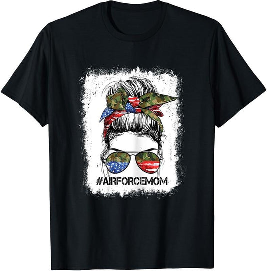 All American Airforce Mom Messy Bun US Flag 4th Of July T-Shirt | Unisex Cotton Tee Gift, Crewneck, Short Sleeve Hoodie,...