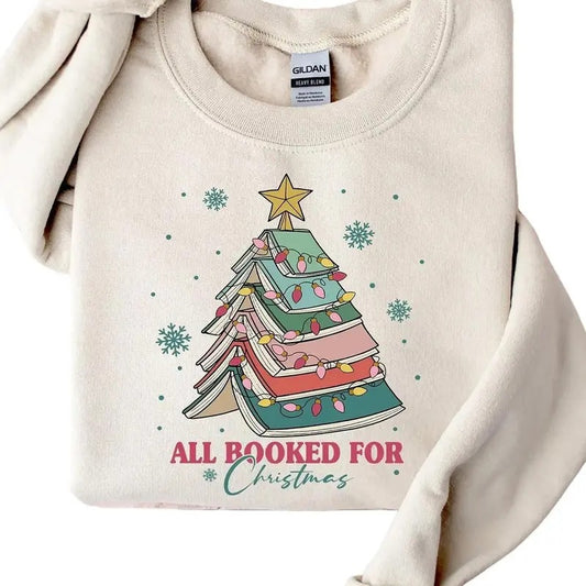 All Booked For Christmas Shirt Gift for Librarian, Bookworm Christmas Sweater, Christmas Book Tree Sweatshirt, Book...