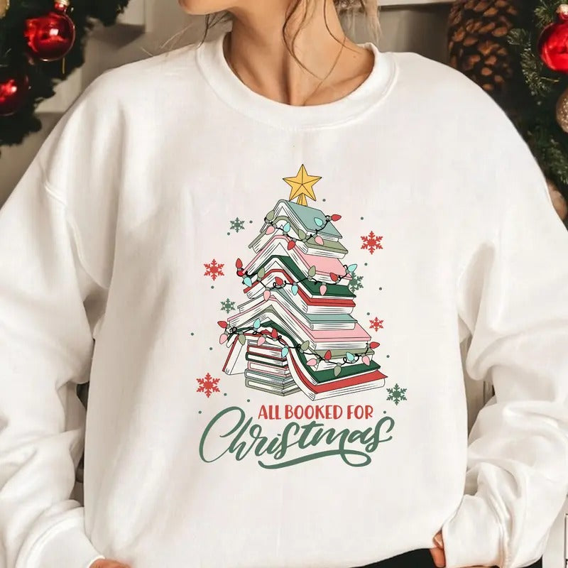 All Booked For Christmas Shirt Gift for Librarian,Bookworm Christmas Shirt,Christmas Book Tree Shirts,Book Lovers...