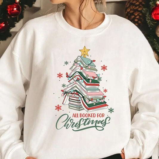 All Booked For Christmas Shirt Gift for Librarian,Bookworm Christmas Shirt,Christmas Book Tree Shirts,Book Lovers...