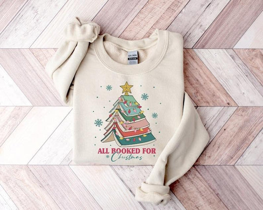 All Booked For Christmas Shirt Gift for Librarian,Bookworm Christmas Sweater,Christmas Book Tree Sweatshirt,Book Lovers...