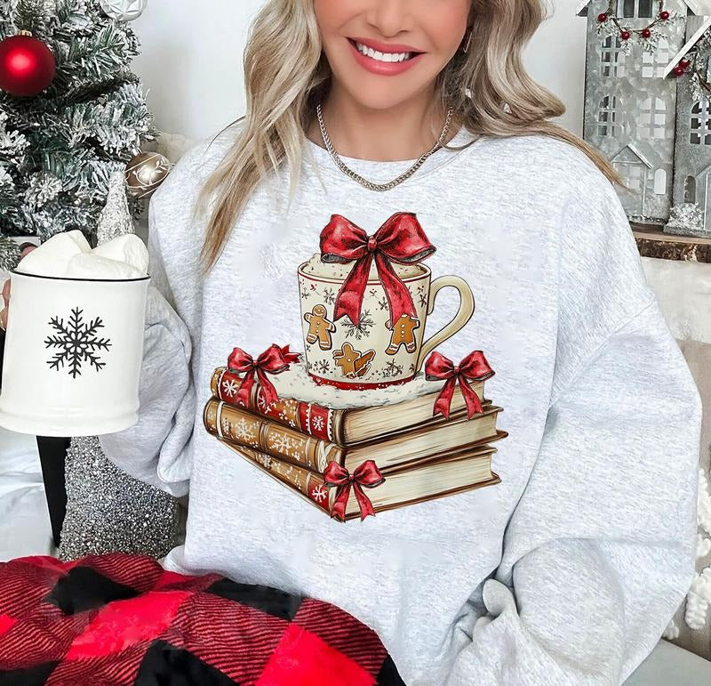 All Booked For Christmas Sweatshirt, Coquette Christmas Books Sweater, Book Lovers Shirt, Christmas Teacher Shirt,...