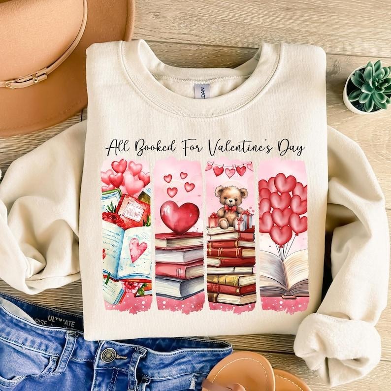 All Booked Teacher Valentine Sweatshirt, Valentine Coquette , Book Lover Bookish , XOXO , Brushstroke T-Shirts, Hoodie