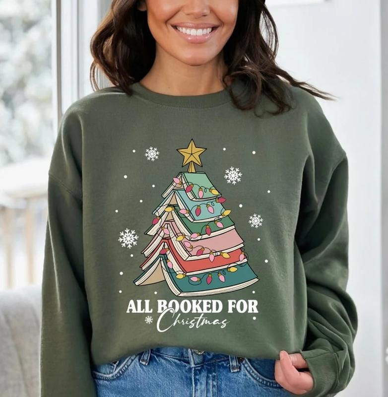 All Booked for Christmas Sweatshirt, Bookworm Christmas Hoodie, Christmas Gift for Teacher, Christmas Book Tree Hoodie,...