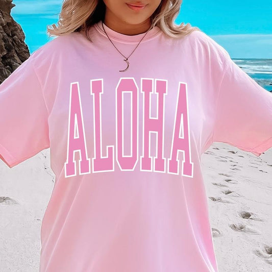 Aloha Varsity T-shirt, Casual Oversized Cotton Shirt for the Beach Comfort Fabric Top Womenswear Unisex Lady Tshirt Women...