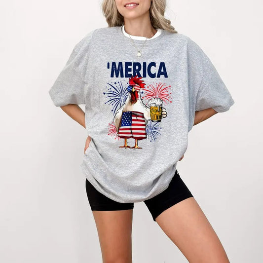 America 4th July Chicken Beer Hawaiian Shirt, Patriotic Chicken Shirt, American Chicken Shirt, 4th of July Shirt, 4th of...
