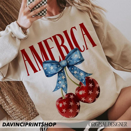 America Cherries Sweatshirt, Cherry Bow Tee, Trendy July 4th Shirt, 4th of july Woman Shirt, Usa Flag Hoodie | WearSparks.com
