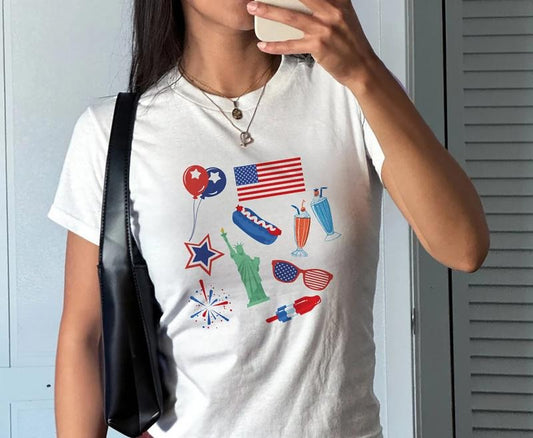 America Icons Baby Tee, USA Symbols Baby Tee, Liberty Statue T-Shirt, Hotdogs Stars And Stripes Shirt, Fourth Of July...