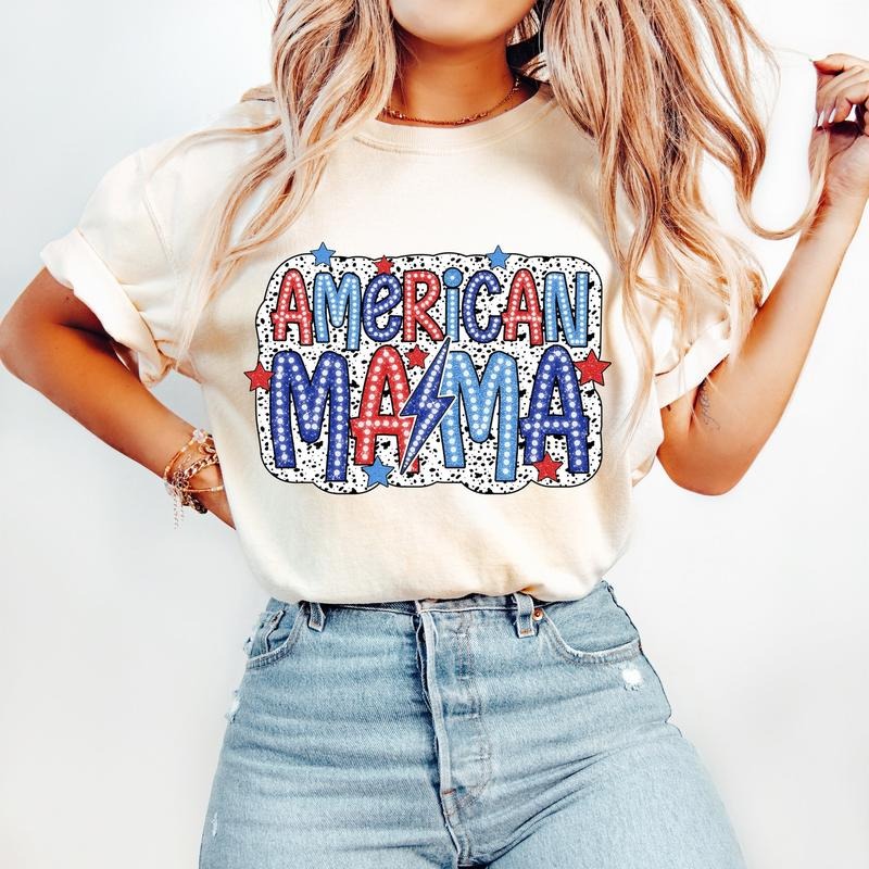 America Mama T-Shirt, 4th of July T-Shirt, Bright Doodle, Dalmatian Dots,Independence Day,Mom Shirt Design,USA Flag...