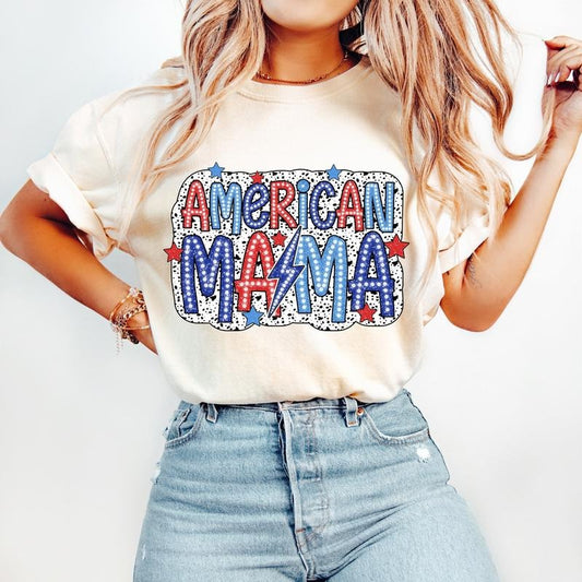 America Mama T-Shirt, 4th of July T-Shirt, Bright Doodle, Dalmatian Dots,Independence Day,Mom Shirt Design,USA Flag...