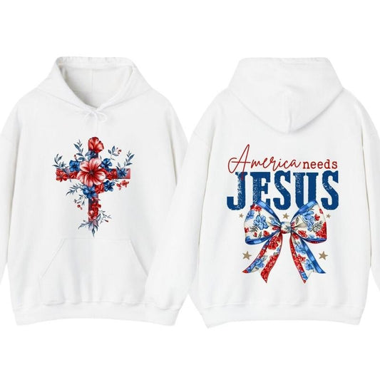 America Needs Jesus Flower 2 Sided TShirt Hoodie, Christian America Coquette Bow Graphic Tee, Usa Flag Flowal Cross...