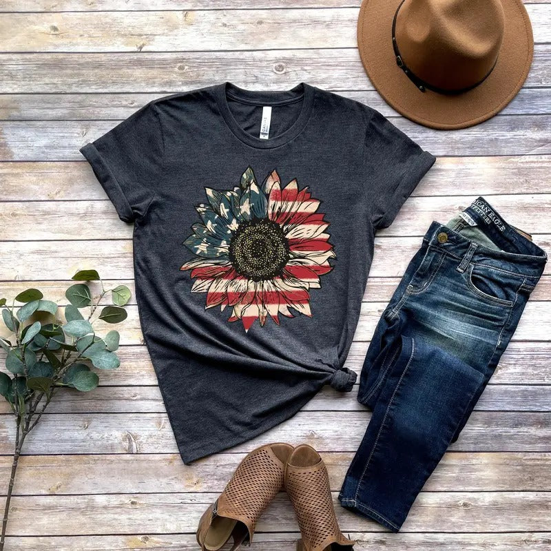 America Sunflower Shirt Usa Flag Flower T Shirt Gift For American 4th Of July Flag Graphic T-shirt Freedom Tshirt...