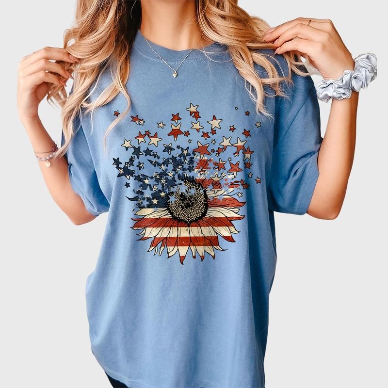America Sunflower Shirt, USA Flag Flower T Shirt, Comfort Shirt Gift For American, 4th Of July Flag Graphic T-Shirt,...
