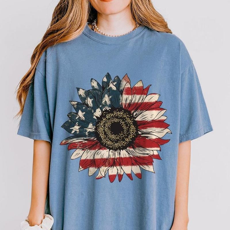 America Sunflower Shirt, USA Flag Flower T-Shirt, Gift For American, 4th Of July Flag Graphic T-Shirt, Freedom TShirt,...