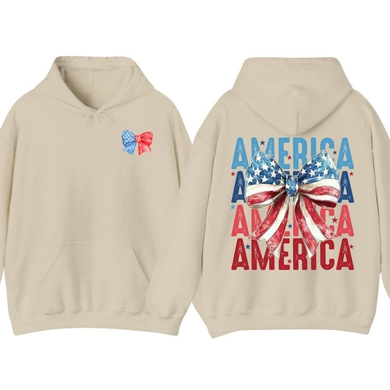 America Text & American Flag Bow 4th of July Era Hoodie T-Shirt, 4th of July Independence Day Patriotic Graphic Tee, Fun...