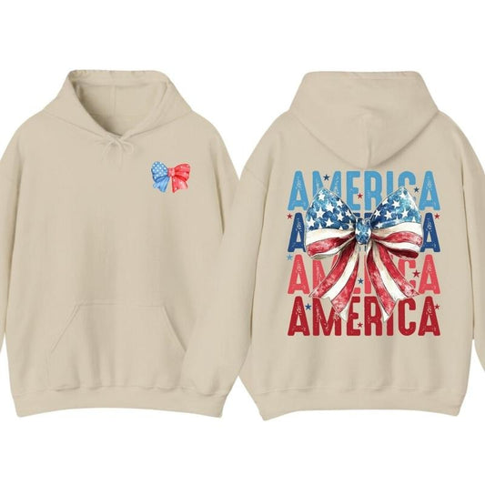 America Text & American Flag Bow 4th of July Era Hoodie T-Shirt, 4th of July Independence Day Patriotic Graphic Tee, Fun...